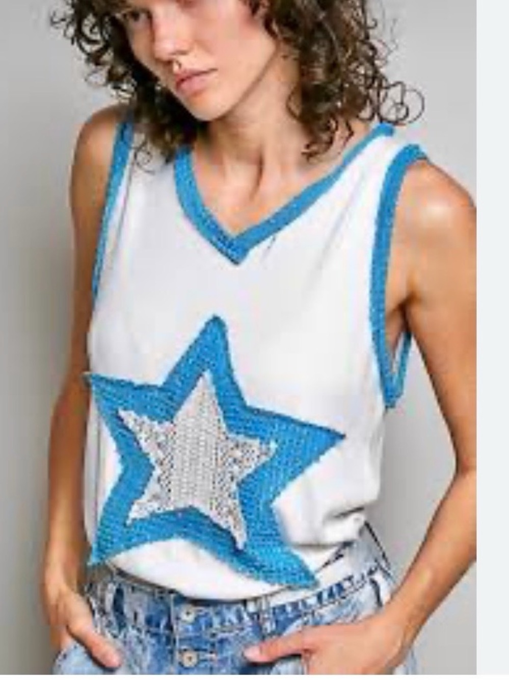 POL  Stardust Patchwork Star Tank Top L Crochet V-Neck White Blue Boho Cowgirl